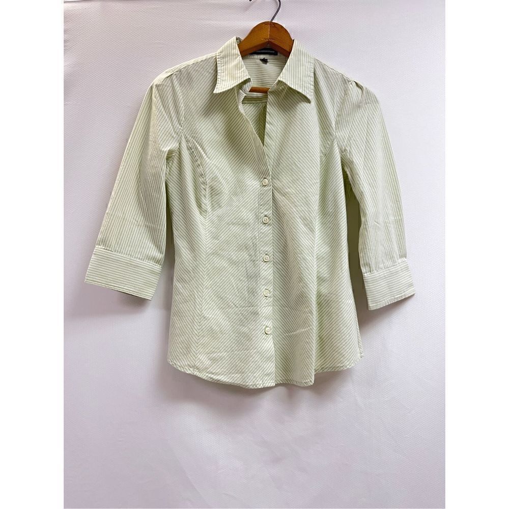 Express Design Studio Womens 3/4 Sleeve Collared Button up Shirt green stripe Sz